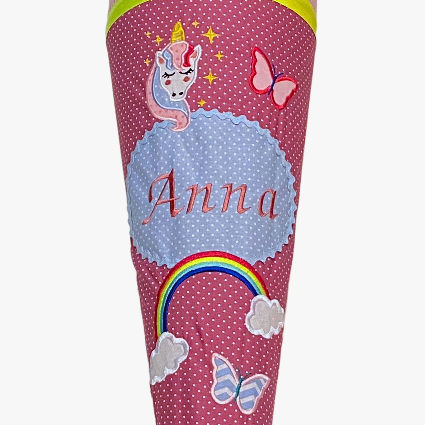 Handgemachte & Personalisierte Schultüte aus Stoff mit kleinem Einhorn & Regenbogen