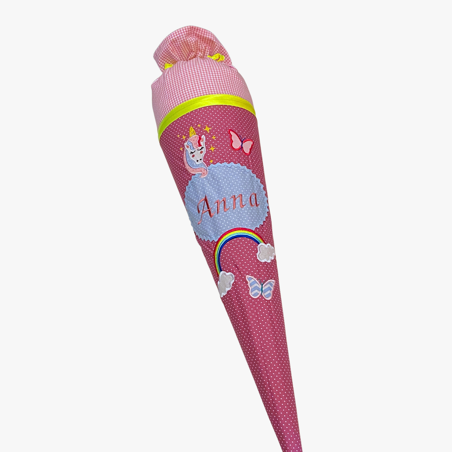 Handgemachte & Personalisierte Schultüte aus Stoff mit kleinem Einhorn & Regenbogen