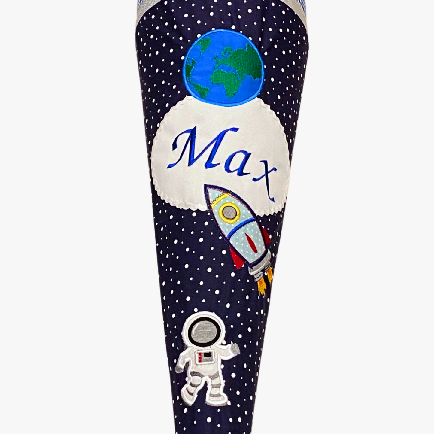 Handgemachte & Personalisierte Schultüte aus Stoff Weltraum mit Rakete