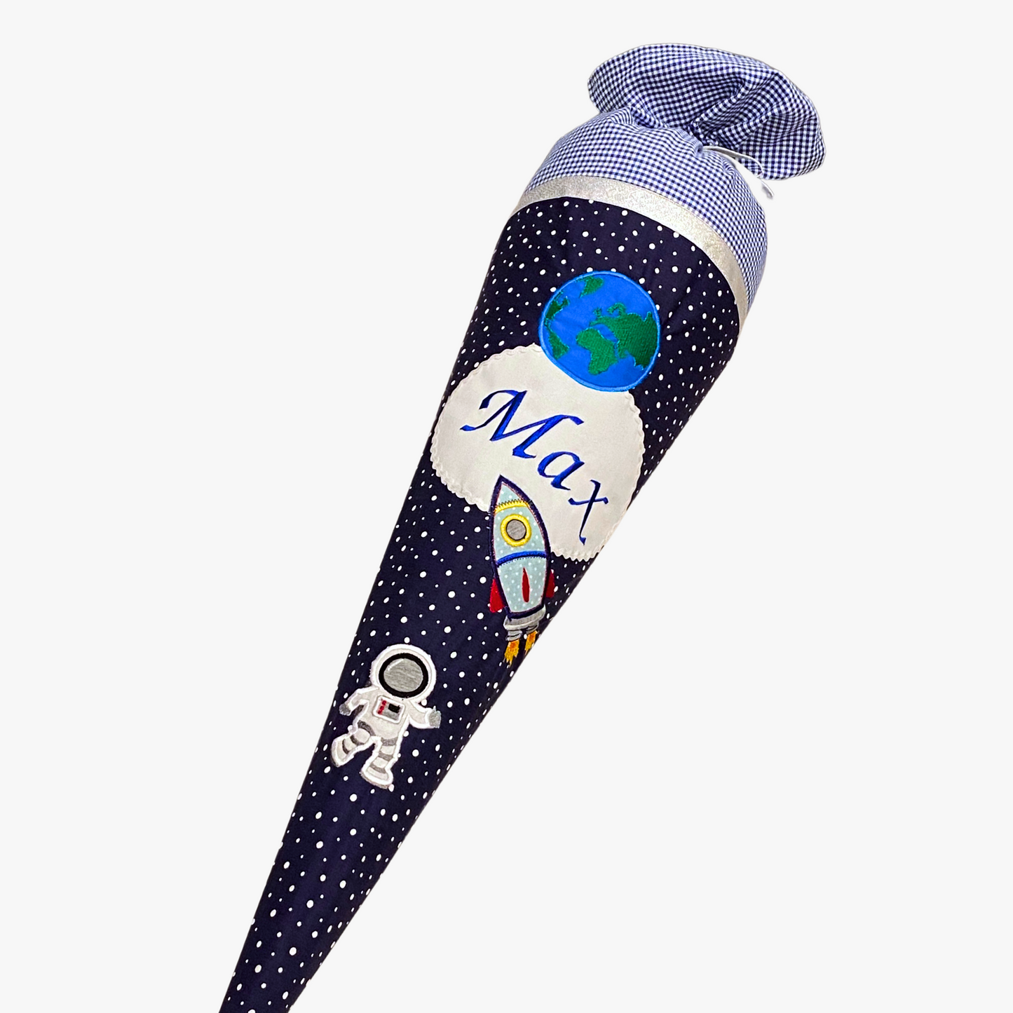 Handgemachte & Personalisierte Schultüte aus Stoff Weltraum mit Rakete